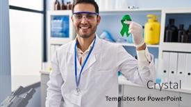  Presentation with ribbon green - PPT layouts featuring young-hispanic-man-with-beard background and a light gray colored foreground