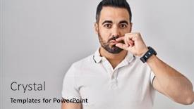  Presentation with lips mouth - Presentation design enhanced with young-hispanic-man-with-beard background and a light gray colored foreground