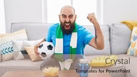  Presentation with victory team - Slide deck enhanced with young-hispanic-man-with-beard background and a coral colored foreground