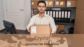  Presentation with simple business - PPT theme with young-hispanic-man-with-beard background and a coral colored foreground