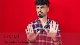  Presentation with forbidden - Presentation design having young-hispanic-man-with-beard background and a crimson colored foreground