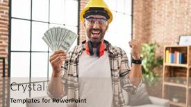  Presentation with home renovation - PPT theme featuring young-hispanic-man-with-beard background and a coral colored foreground