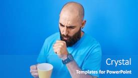  Presentation with cold coffee - PPT theme with young-hispanic-man-with-beard background and a teal colored foreground
