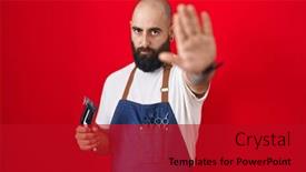  Presentation with barber - Slide deck having young-hispanic-man-with-beard background and a crimson colored foreground