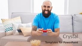  Presentation with video game - PPT layouts consisting of young-hispanic-man-with-beard background and a coral colored foreground