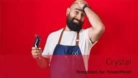  Presentation with barber - Presentation theme featuring young-hispanic-man-with-beard background and a crimson colored foreground