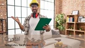  Presentation with home renovation - Presentation design featuring young-hispanic-man-with-beard background and a coral colored foreground