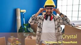  Presentation with home renovation - PPT layouts with young-hispanic-man-with-beard background and a coral colored foreground