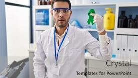  Presentation with ribbon green - Presentation design with young-hispanic-man-with-beard background and a light gray colored foreground