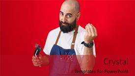  Presentation with barber - Presentation theme enhanced with young-hispanic-man-with-beard background and a crimson colored foreground