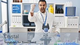  Presentation with mad scientist - Slide deck with young-hispanic-man-with-beard background and a light blue colored foreground