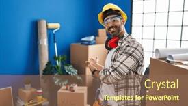  Presentation with home renovation - Slide set consisting of young-hispanic-man-with-beard background and a violet colored foreground