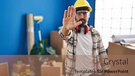  Presentation with renovation - PPT theme having young-hispanic-man-with-beard background and a  colored foreground
