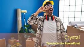  Presentation with home renovation - PPT theme with young-hispanic-man-with-beard background and a coral colored foreground