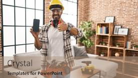  Presentation with renovation - Slide set consisting of young-hispanic-man-with-beard background and a coral colored foreground