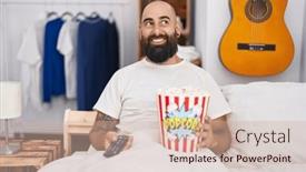  Presentation with popcorn - PPT theme having young-hispanic-man-with-beard background and a  colored foreground