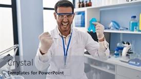  Presentation with blue ribbon - PPT theme featuring young-hispanic-man-with-beard background and a light gray colored foreground