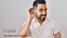  Presentation with hearing - Slide set having young-hispanic-man-with-beard background and a coral colored foreground