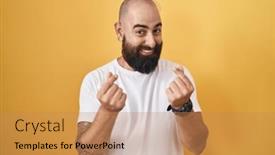  Presentation with salary - PPT layouts enhanced with young-hispanic-man-with-beard background and a coral colored foreground