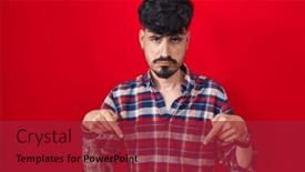  Presentation with upset - PPT theme having young-hispanic-man-with-beard background and a crimson colored foreground