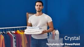  Presentation with laundry room - PPT theme having young-hispanic-man-with-beard background and a ocean colored foreground