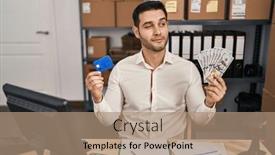  Presentation with business card - Presentation theme enhanced with young-hispanic-man-with-beard background and a  colored foreground