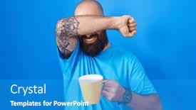  Presentation with coffee cup - Presentation featuring young-hispanic-man-with-beard background and a teal colored foreground