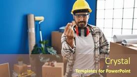  Presentation with home renovation - PPT theme featuring young-hispanic-man-with-beard background and a coral colored foreground