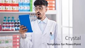  Presentation with pharmacy tablet - Presentation having young-hispanic-man-with-beard background and a  colored foreground