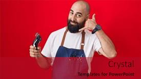  Presentation with man holding phone - Slide set enhanced with young-hispanic-man-with-beard and a crimson colored foreground