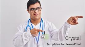  Presentation with hands down - Presentation design consisting of young-hispanic-man-with-down background and a light gray colored foreground