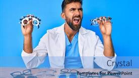  Presentation with optometry - Cool new slide deck with young-hispanic-man-with-optometry backdrop and a light blue colored foreground