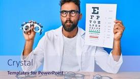  Presentation with paper-making - Presentation theme enhanced with young-hispanic-man-with-optometry background and a sky blue colored foreground