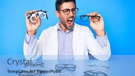  Presentation with optometry - Presentation theme consisting of young-hispanic-man-with-optometry background and a light blue colored foreground