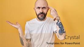  Presentation with think - Slide deck featuring young-hispanic-man-with-tattoos background and a yellow colored foreground