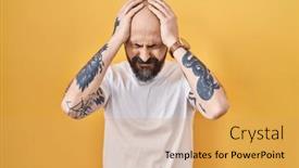  Presentation with migraine - PPT theme featuring young-hispanic-man-with-tattoos background and a yellow colored foreground