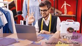  Presentation with young man holdng laptop on lap money - PPT theme consisting of young-hispanic-man-with-tattoos background and a coral colored foreground