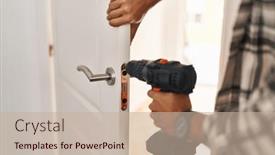  Presentation with man door - Slide set with young-hispanic-man-worker-repairing background and a soft green colored foreground