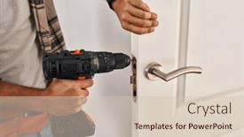  Presentation with man door - PPT theme featuring young-hispanic-man-worker-repairing background and a soft green colored foreground