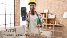  Presentation with man holding phone - PPT theme enhanced with young-hispanic-man-worker-smiling background and a  colored foreground