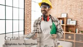  Presentation with credit card - Slides having young-hispanic-man-worker-smiling background and a  colored foreground