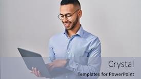  Presentation with working - Presentation theme consisting of young-hispanic-man-working-using background and a light blue colored foreground