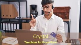  Presentation with forefinger - PPT theme with young-hispanic-man-working-using background and a tawny brown colored foreground