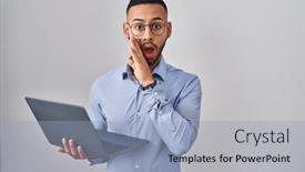  Presentation with talk - Slide deck with young-hispanic-man-working-using background and a light blue colored foreground