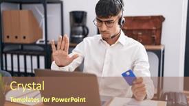  Presentation with hand palm - Presentation theme enhanced with young-hispanic-man-working-using background and a coral colored foreground