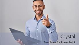  Presentation with working - PPT theme consisting of young-hispanic-man-working-using and a light blue colored foreground