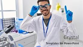  Presentation with scientist - PPT layouts enhanced with young-hispanic-man-working background and a light gray colored foreground