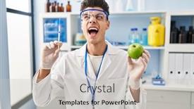  Presentation with mad scientist - Presentation theme having young-hispanic-man-working background and a light gray colored foreground