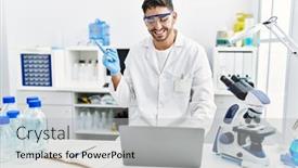  Presentation with scientist - Presentation design featuring young-hispanic-man-working background and a light gray colored foreground