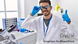  Presentation with scientist - Presentation design with young-hispanic-man-working background and a lemonade colored foreground